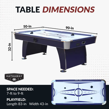 Table dimensions graphic for Hathaway Phantom II air hockey table, measuring 90 inches long, 50 inches wide, and 32 inches high. Playfield size is 83 inches by 43 inches. Visual shows top and angled views with Hathaway branding.