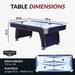 Table dimensions graphic for Hathaway Phantom II air hockey table, measuring 90 inches long, 50 inches wide, and 32 inches high. Playfield size is 83 inches by 43 inches. Visual shows top and angled views with Hathaway branding.