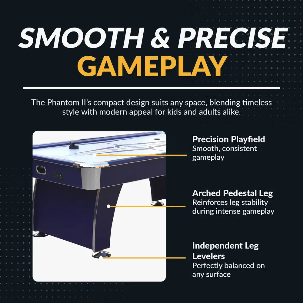 Gameplay feature infographic showing close-up of the Hathaway Phantom II air hockey table. Highlights include smooth precision playfield, arched pedestal legs for durability, and independent chrome leg levelers for balance on any surface.