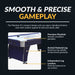 Gameplay feature infographic showing close-up of the Hathaway Phantom II air hockey table. Highlights include smooth precision playfield, arched pedestal legs for durability, and independent chrome leg levelers for balance on any surface.