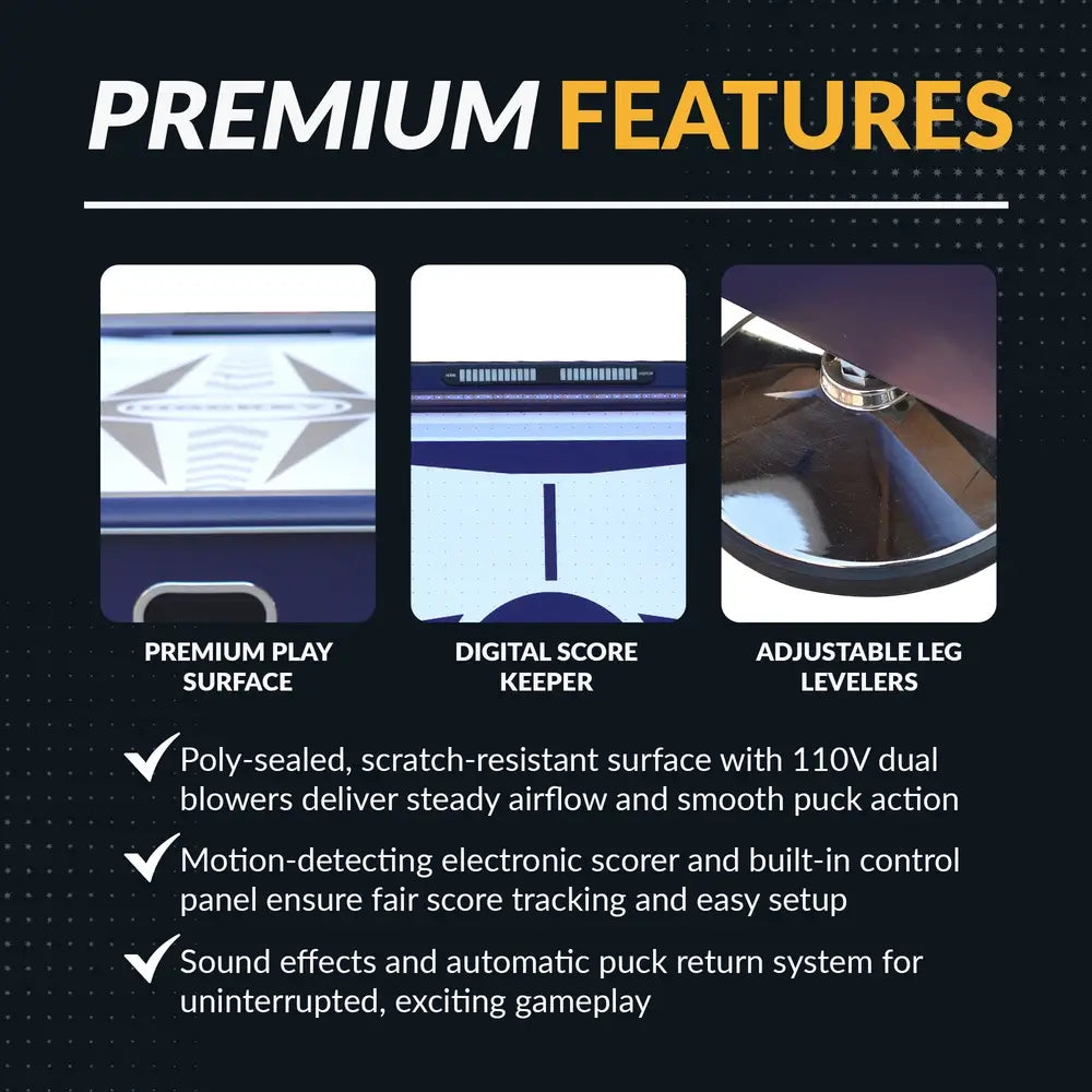 Premium features graphic with close-up images of the Hathaway Phantom II air hockey table. Highlights include poly-sealed play surface, motion-detecting electronic scoreboard, and chrome adjustable leg levelers. Text outlines 110V dual blowers, sound effects, and puck return system.