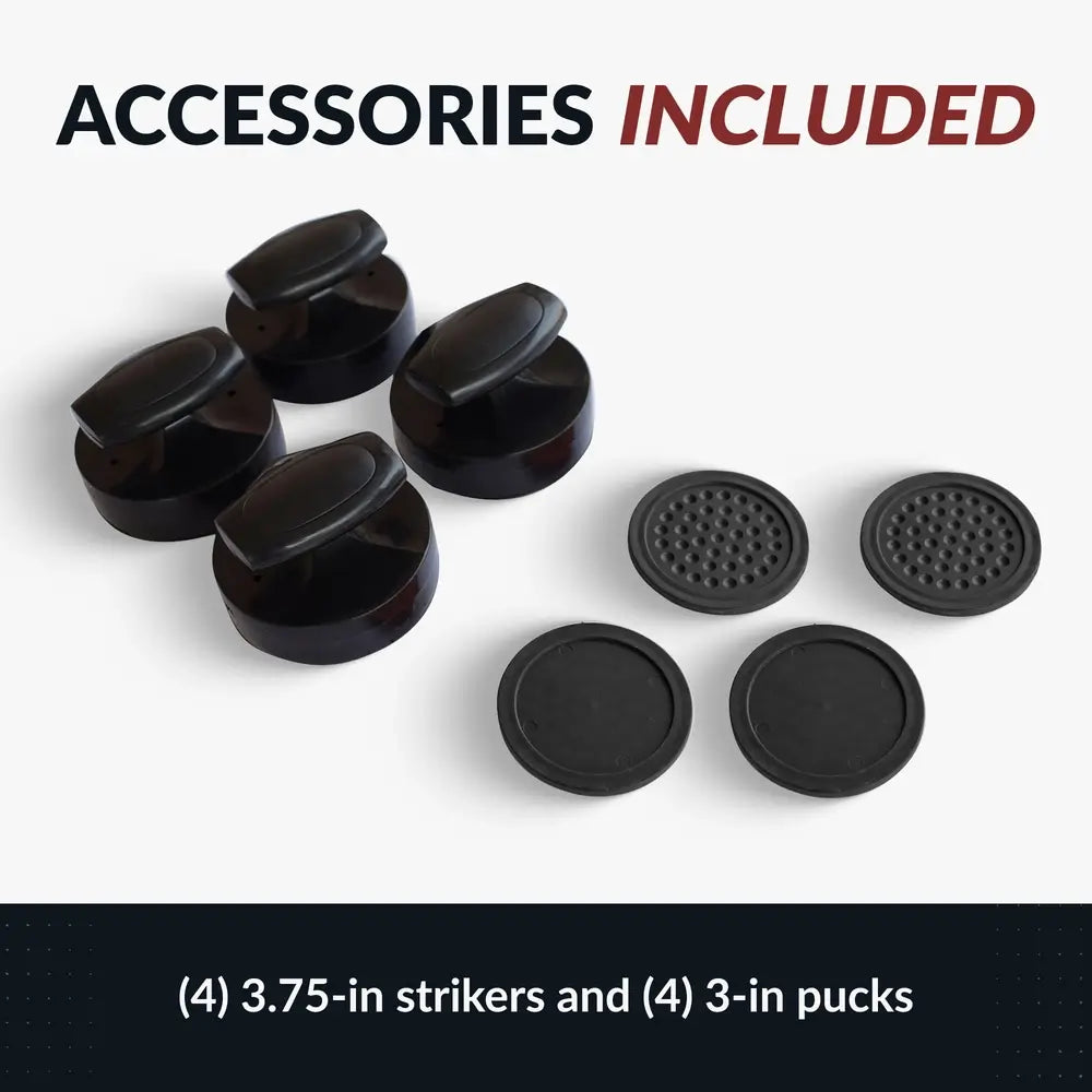Included accessories for the Hathaway Phantom II air hockey table: four 3.75-inch ergonomic black strikers and four 3-inch black pucks. Pucks feature a smooth and a textured side for varied gameplay. Displayed on white background with bold header.