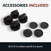 Included accessories for the Hathaway Phantom II air hockey table: four 3.75-inch ergonomic black strikers and four 3-inch black pucks. Pucks feature a smooth and a textured side for varied gameplay. Displayed on white background with bold header.