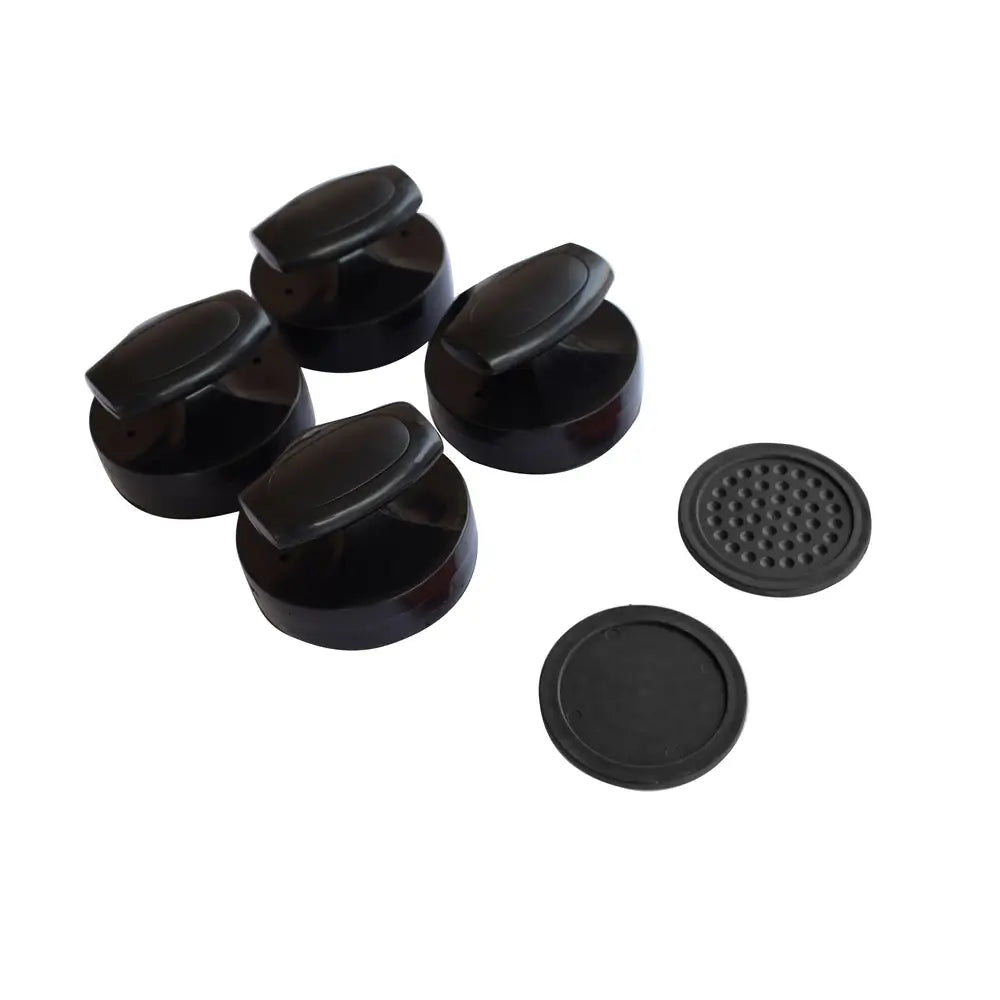 Set of four black ergonomic air hockey strikers and four black 3-inch pucks, including both smooth and textured designs. Displayed on a white background, showcasing the accessories included with the Hathaway Phantom II air hockey table.