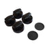 Set of four black ergonomic air hockey strikers and four black 3-inch pucks, including both smooth and textured designs. Displayed on a white background, showcasing the accessories included with the Hathaway Phantom II air hockey table.