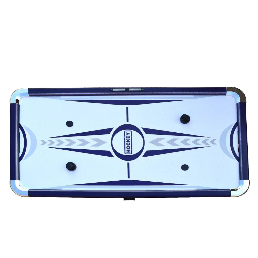 Top-down view of Phantom II air hockey table with a light blue playfield, dark blue graphic accents, and "HOCKEY" center logo. Table includes four black pucks and pushers, and chrome corner guards.