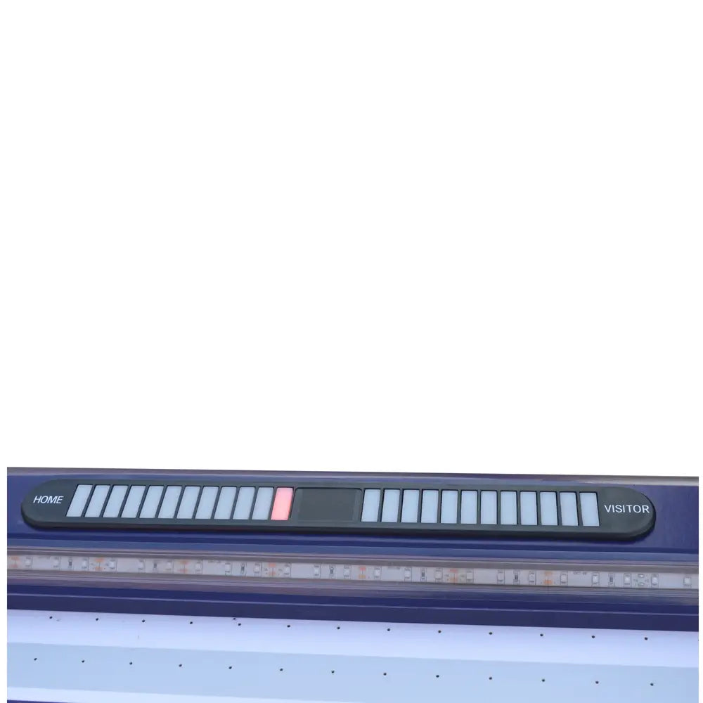 Close-up of the manual score counter on the Hathaway Phantom II air hockey table, with labeled "Home" and "Visitor" sides and sliding markers for keeping track of game progress.