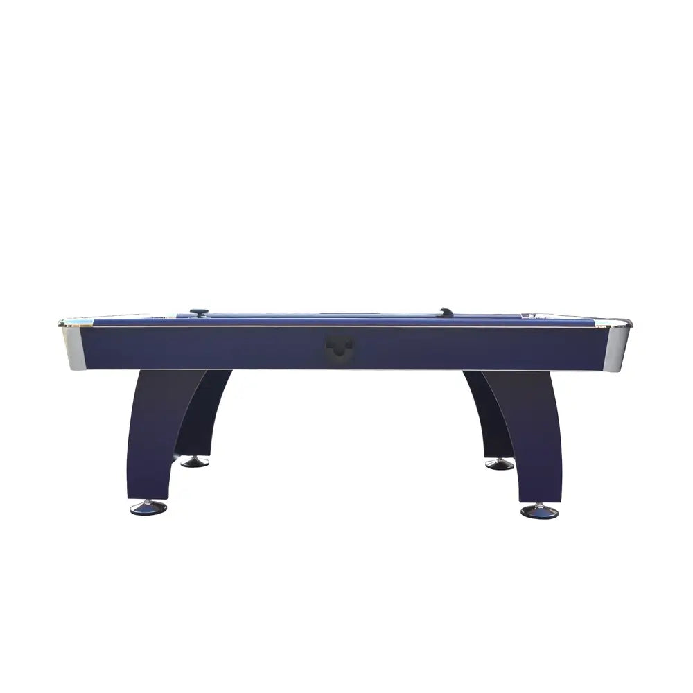Side profile view of the Hathaway Phantom II air hockey table, showcasing its curved pedestal legs, sleek navy-blue body, and modern design with integrated puck holders.