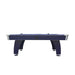 Side profile view of the Hathaway Phantom II air hockey table, showcasing its curved pedestal legs, sleek navy-blue body, and modern design with integrated puck holders.