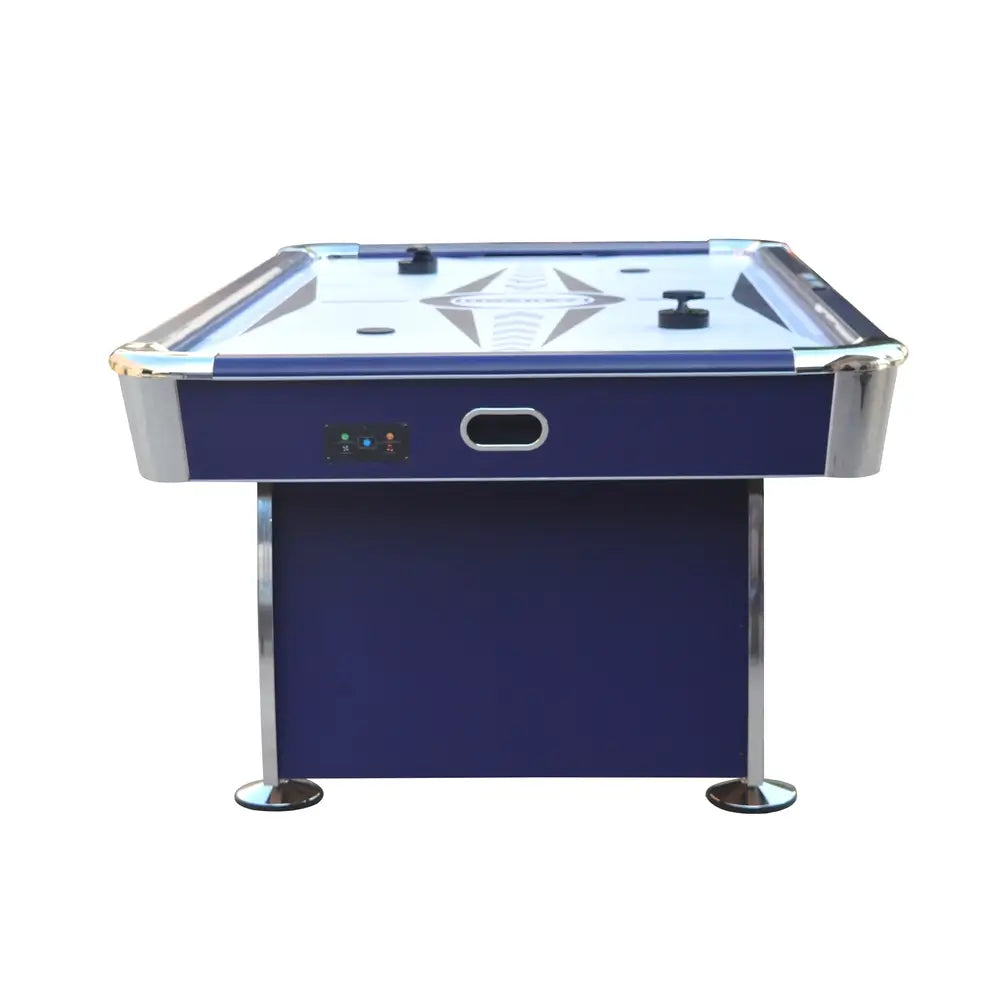 End view of the Hathaway Phantom II air hockey table, displaying the scoring system control panel, puck return slot, and streamlined design suitable for game rooms or basements.