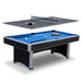 Convertible 2-in-1 Hathaway game table with blue pool table base and detachable black table tennis top, including paddles, net, and ping pong ball setup.