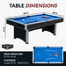 Infographic displaying dimensions of Hathaway pool table—84 inches long, 46 inches wide, and 31 inches high—with recommended room size of 12x16 feet and a 75x38 inch playfield.