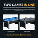 Side-by-side comparison showing Hathaway table in billiards mode with blue felt and in table tennis mode with black surface and white net, highlighting dual functionality.