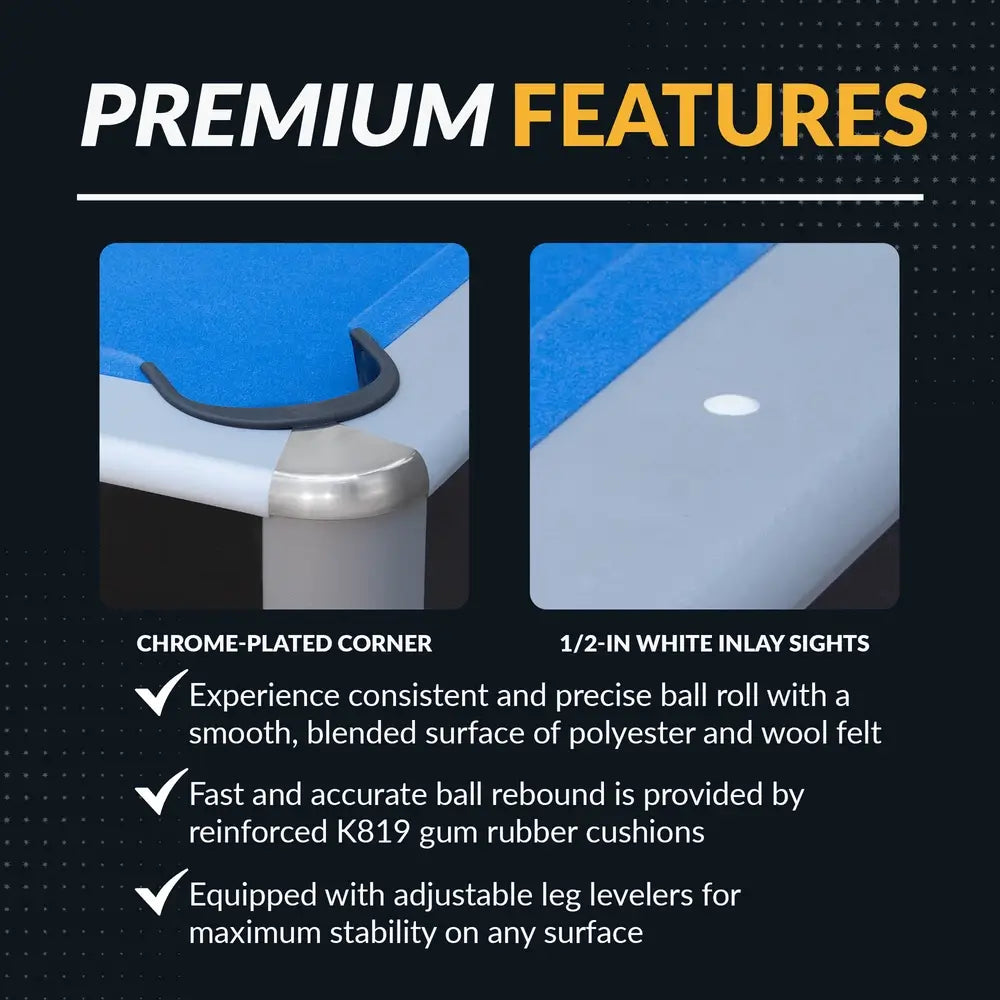 Close-up of Hathaway pool table showcasing chrome-plated corners and ½-inch white inlay sights, with text highlighting polyester-wool felt, K819 rubber cushions, and adjustable legs.