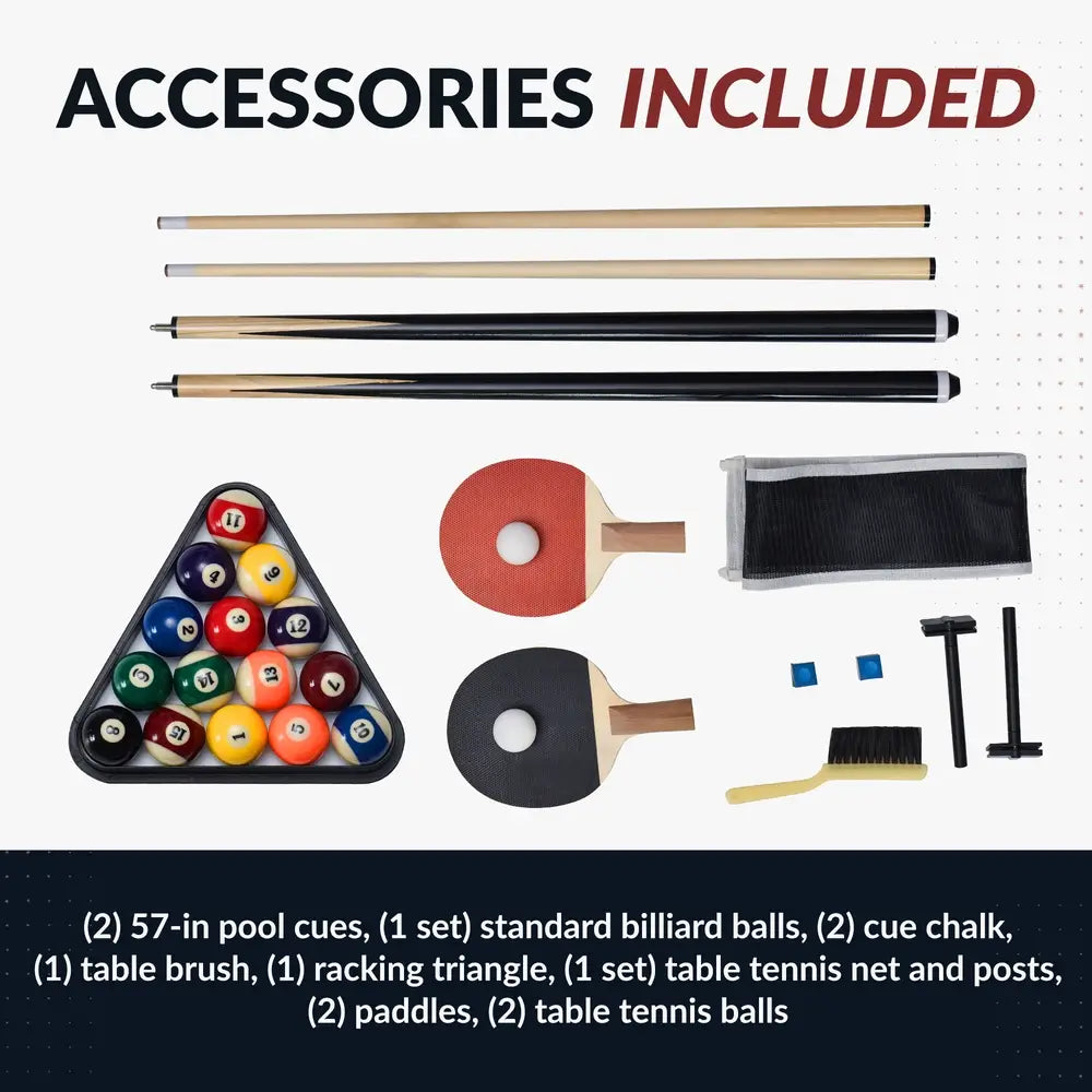 Flat lay of included Hathaway game table accessories—two 57-inch cue sticks, full set of billiard balls, two cue chalks, table brush, racking triangle, ping pong net, two paddles, and two table tennis balls.