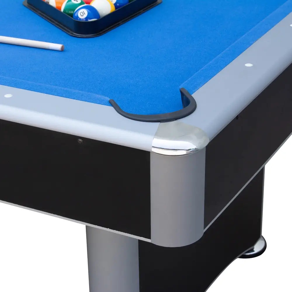 Zoomed-in view of Hathaway pool table corner, highlighting chrome-plated corner protector, black and gray finish, and triangle rack with billiard balls on blue felt.