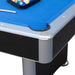 Zoomed-in view of Hathaway pool table corner, highlighting chrome-plated corner protector, black and gray finish, and triangle rack with billiard balls on blue felt.