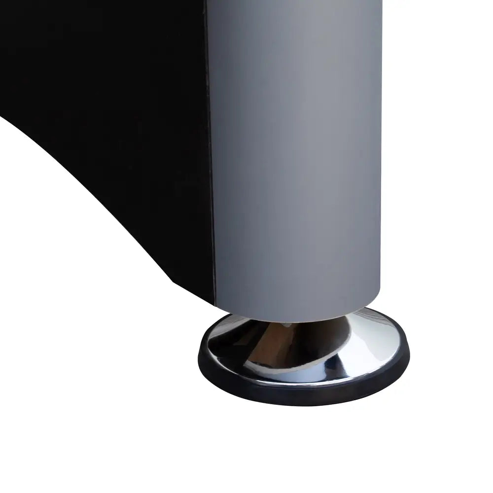 Close-up of sturdy gray table leg with adjustable chrome base leveler, designed for enhanced stability on uneven surfaces of Hathaway combination game table.