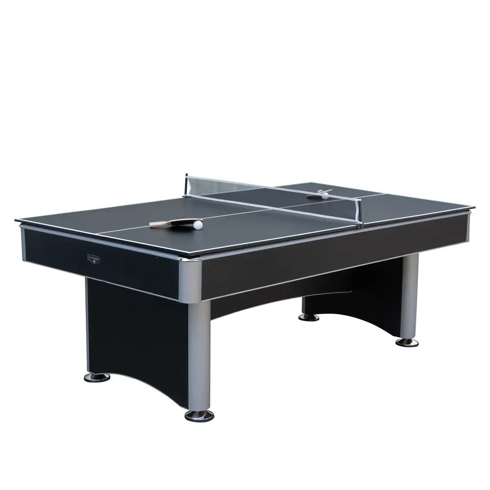 Hathaway table in table tennis mode, featuring black surface with white boundary lines, net and posts installed, and paddles with ping pong ball ready for play.