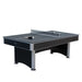 Hathaway table in table tennis mode, featuring black surface with white boundary lines, net and posts installed, and paddles with ping pong ball ready for play.