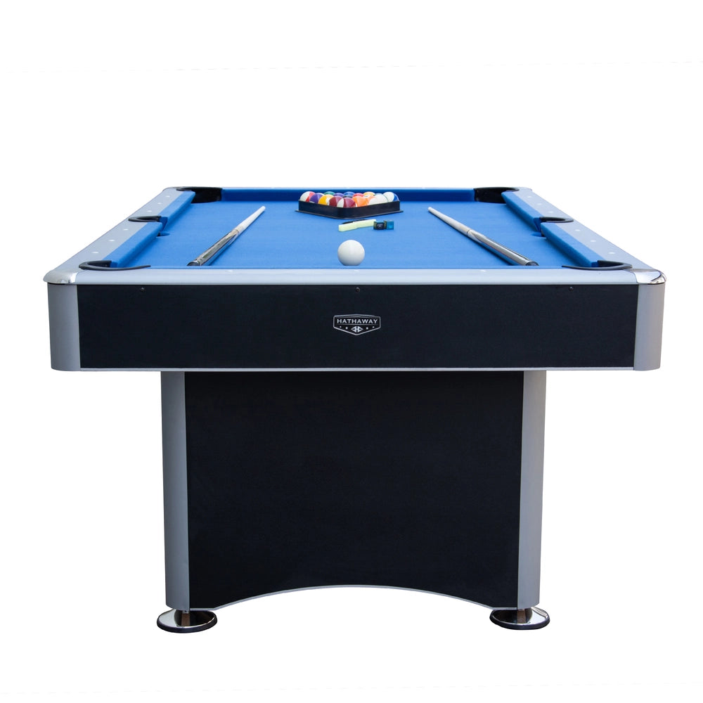 Modern blue felt Hathaway pool table with black and chrome finish, set up with cue sticks, chalk, and billiard balls in triangle rack, viewed from the front.