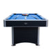 Modern blue felt Hathaway pool table with black and chrome finish, set up with cue sticks, chalk, and billiard balls in triangle rack, viewed from the front.