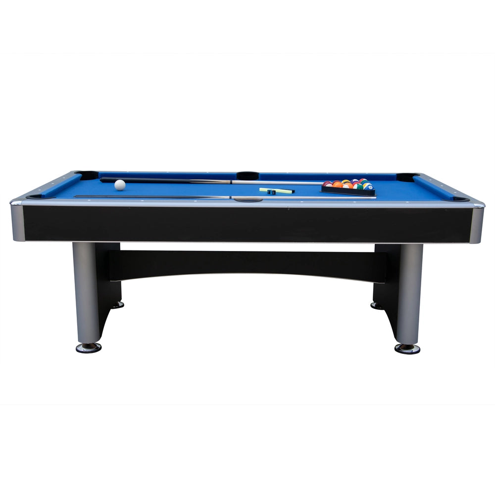 Side profile of a mid-size Hathaway pool table featuring a blue polyester-wool felt surface, chrome-plated corners, and included accessories like cue sticks, chalk, and billiard balls.