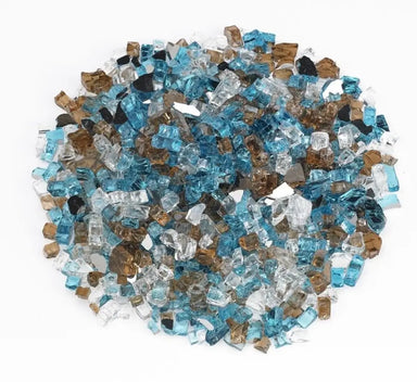 High-luster Bali 1/2 inch mixed fire glass featuring a tropical blend of aqua, Caribbean blue, copper, and clear reflective glass pieces for outdoor fire pits.