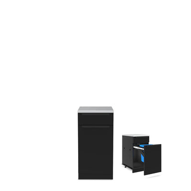 Broil King 811810 waste organizer cabinet base open view with pull-out trash bin, black door, and stainless top.