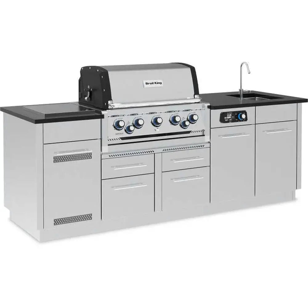 Broil King Imperial QS 590iH 10-foot Smart Grill Island with stainless steel cabinets and integrated side burner.
