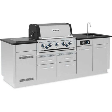 Broil King Imperial QS 590iH 10-foot Smart Grill Island with stainless steel cabinets and integrated side burner.