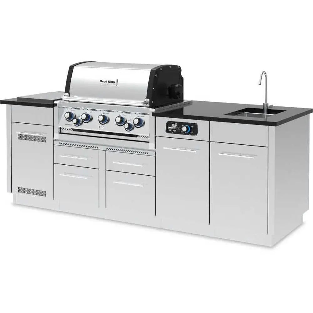 10-foot Broil King Imperial QS 590iH BBQ island featuring an outdoor sink and smart digital control panel with stainless cabinetry.
