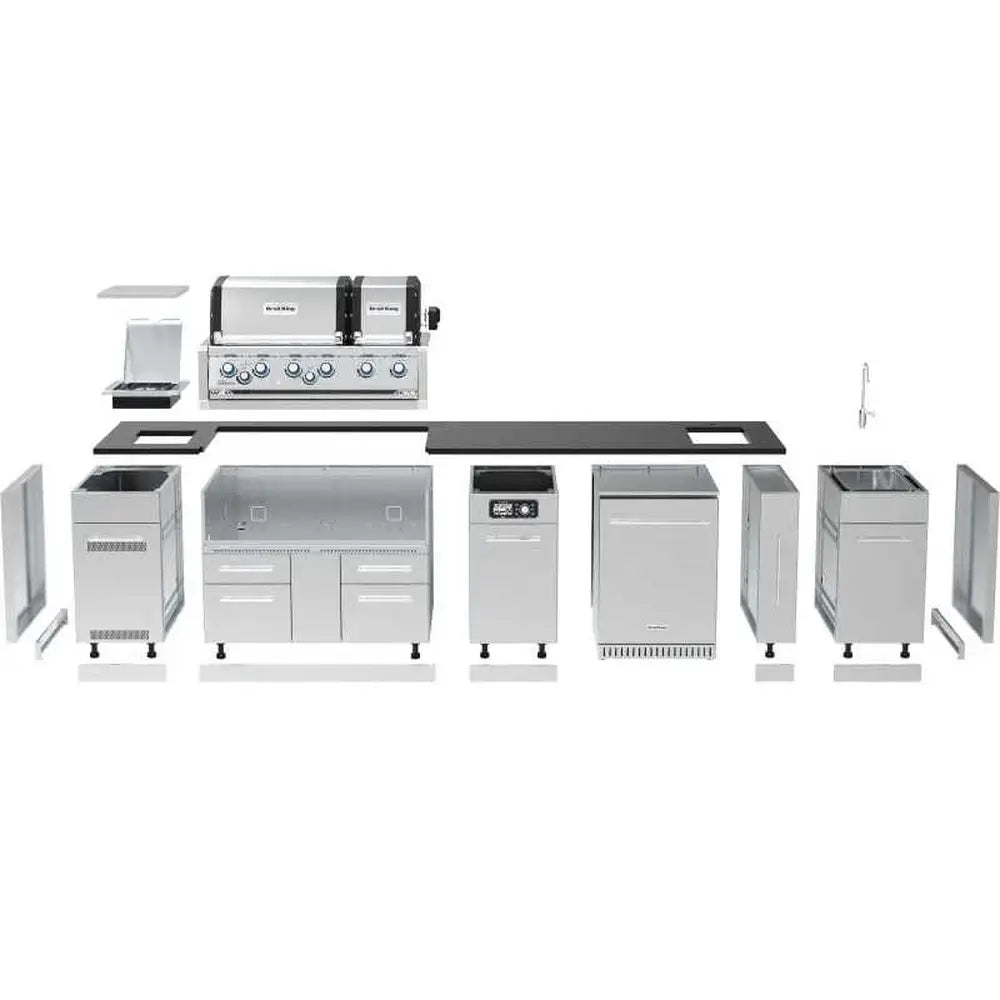 Exploded diagram of the Broil King Imperial QS 690iH outdoor kitchen showing modular stainless steel cabinets, countertop, and 6-burner grill components.