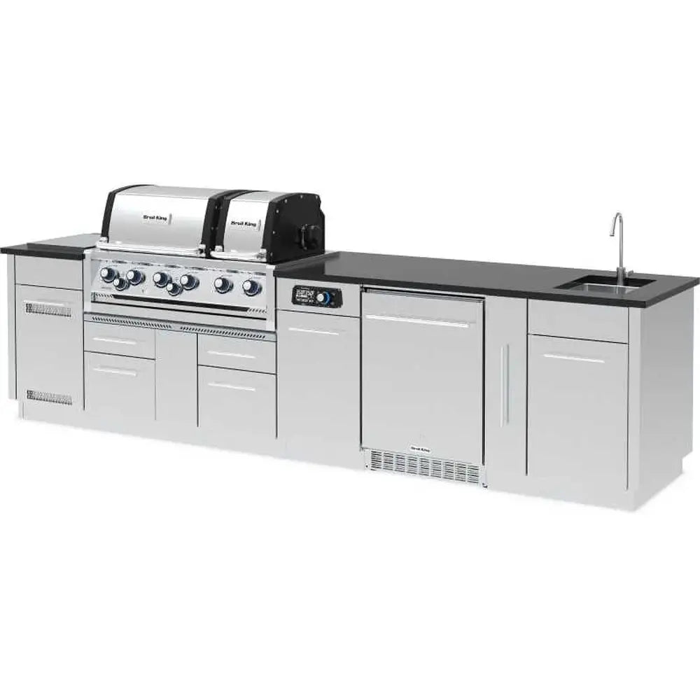 Right-side perspective of the Broil King 11-foot outdoor BBQ island highlighting the stainless steel sink.
