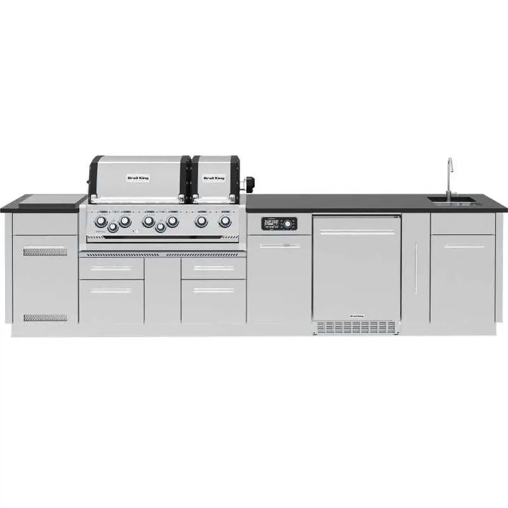 Frontal view of the Broil King Imperial QS 690iH 11-foot stainless steel BBQ island featuring a dual-lid smart grill, outdoor sink.