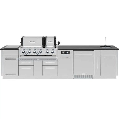 Frontal view of the Broil King Imperial QS 690iH 11-foot stainless steel BBQ island featuring a dual-lid smart grill, outdoor sink.