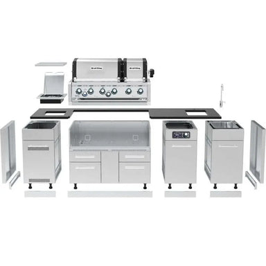 Exploded view of the Broil King Imperial QS 690iE 8-foot outdoor kitchen island showing modular cabinet layout, grill head, countertop, and sink components.