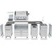 An exploded component diagram of the Broil King Imperial QS 590iE Smart Grill Island, showing individual stainless steel cabinets, grill head, rotisserie burner, sink, and accessories before assembly, on a white background.