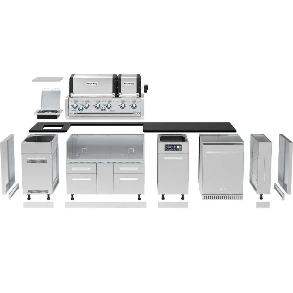 Exploded view of Broil King Imperial QS 690iF Smart Grill Island components showing modular stainless steel cabinets, grill head, side burner, and black countertop pieces.