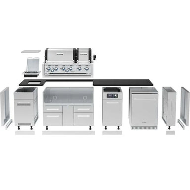 Exploded view of Broil King Imperial QS 690iF Smart Grill Island components showing modular stainless steel cabinets, grill head, side burner, and black countertop pieces.