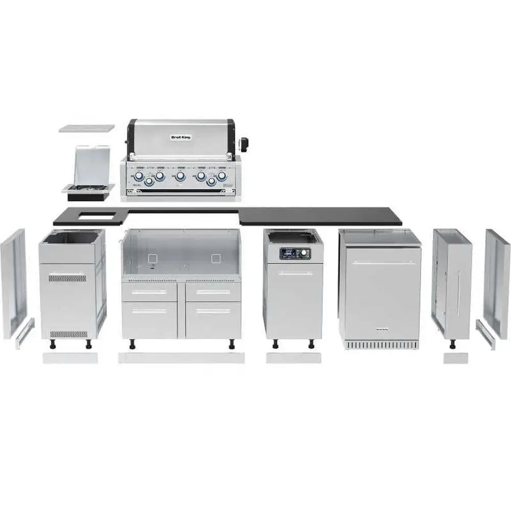Exploded view of the Broil King 9 Ft Stainless Steel Outdoor Kitchen components including grill head, side burner, modular cabinets, and outdoor refrigerator.
