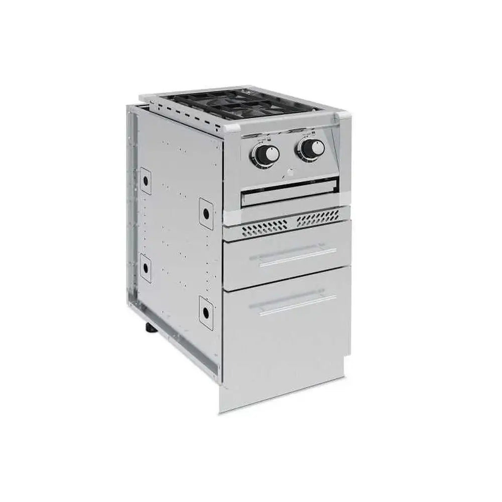 Broil King Imperial S200 double side burner integrated into a modular stainless steel outdoor kitchen cabinet with storage drawers.