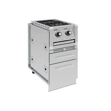 Broil King Imperial S200 double side burner integrated into a modular stainless steel outdoor kitchen cabinet with storage drawers.