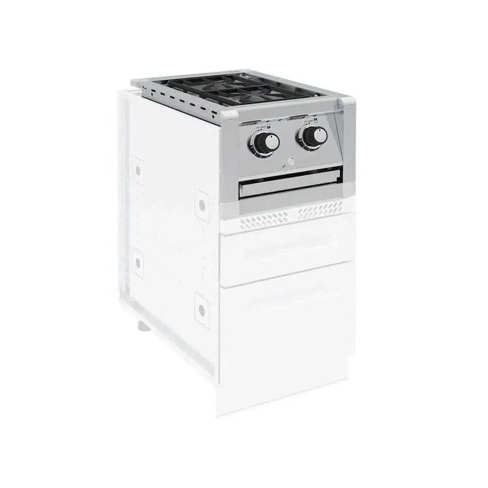 A Broil King Imperial S200 double side burner unit shown with a highlighted focus on its installation fit within an outdoor kitchen island.