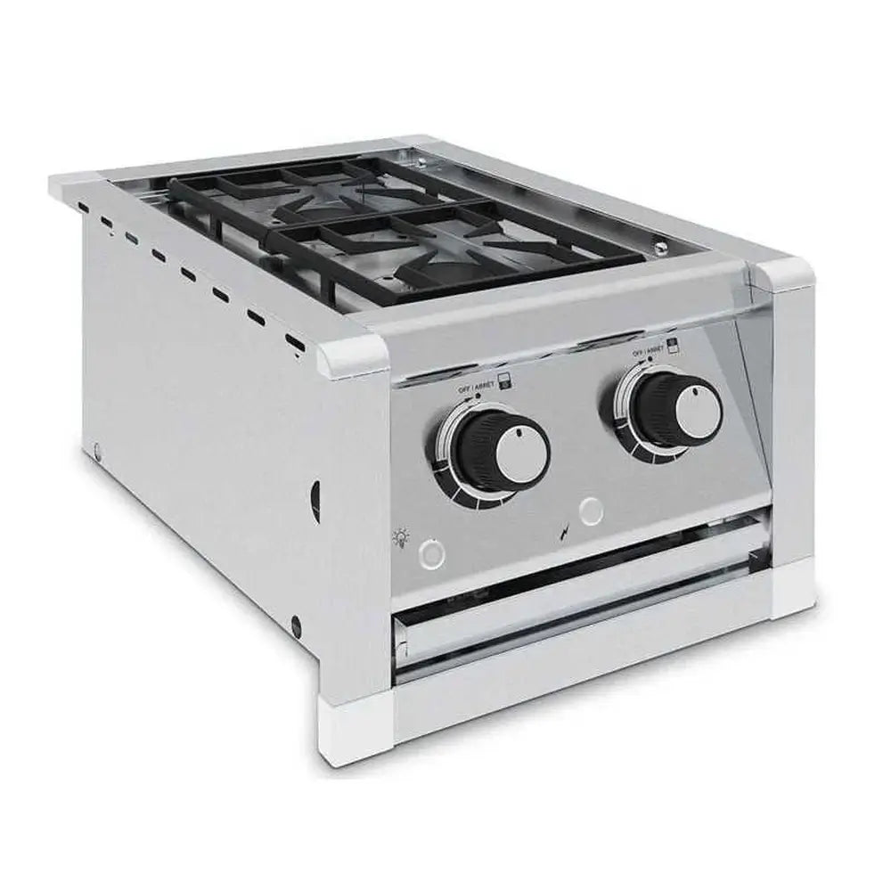 Top-down angle of the Broil King Imperial S200 double side burner showing the cast iron cooking grates and premium stainless steel finish.