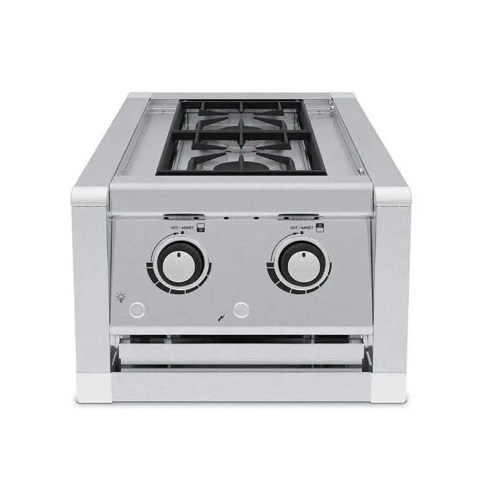 Front view of the Broil King Imperial S200 stainless steel double side burner featuring two control knobs and heavy-duty construction.