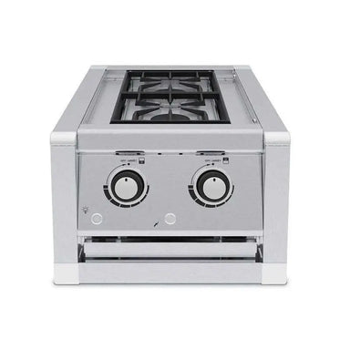 Front view of the Broil King Imperial S200 stainless steel double side burner featuring two control knobs and heavy-duty construction.