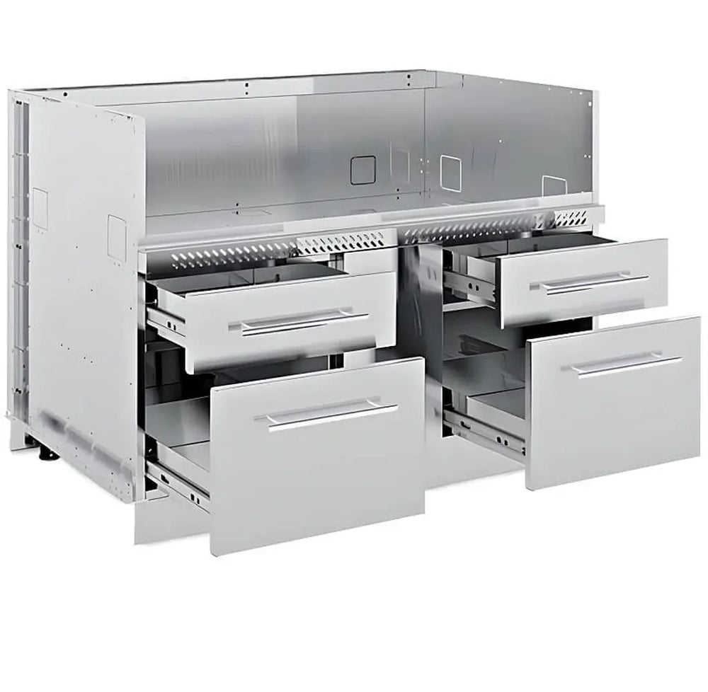 Interior view of the Broil King 6-burner grill cabinet base featuring four heavy-duty sliding stainless steel storage drawers.