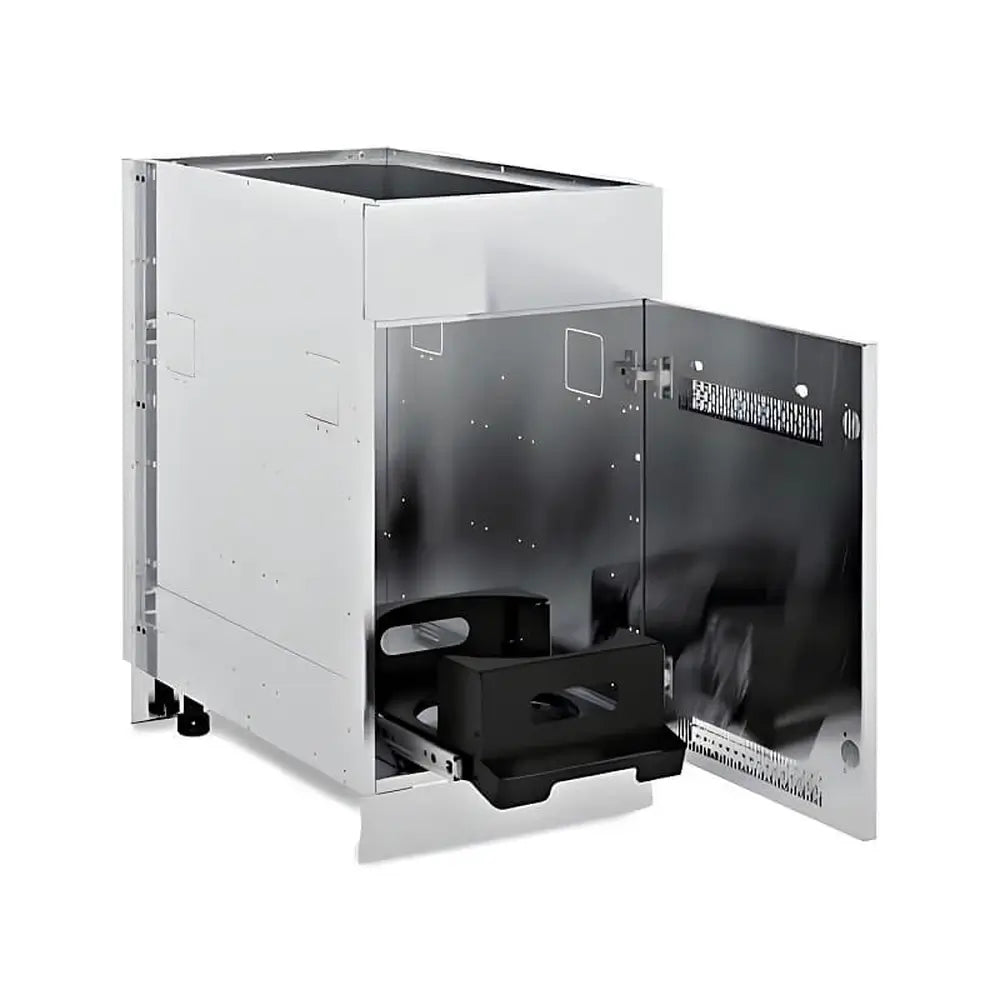 Interior view of a Broil King outdoor kitchen cabinet with a dedicated pull-out propane tank storage drawer for easy fuel access.