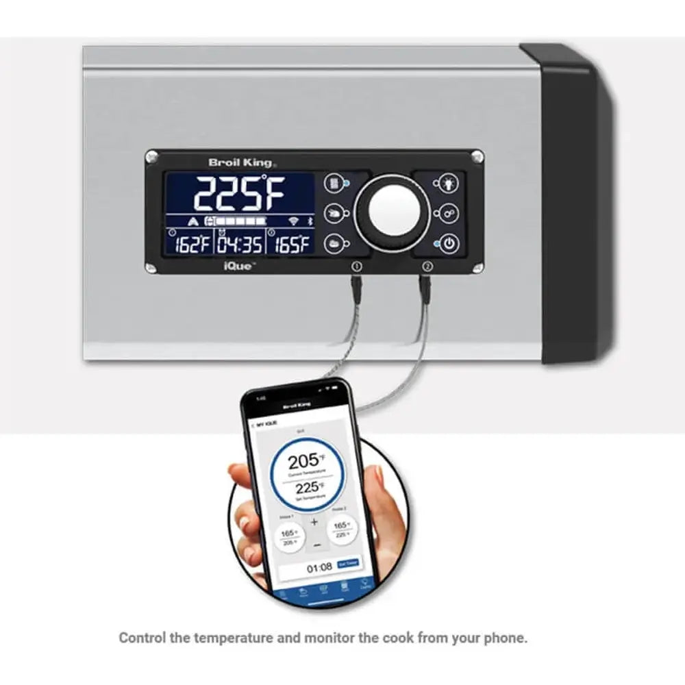 Broil King iQue smart technology digital control panel with Bluetooth smartphone app integration for remote BBQ temperature monitoring.